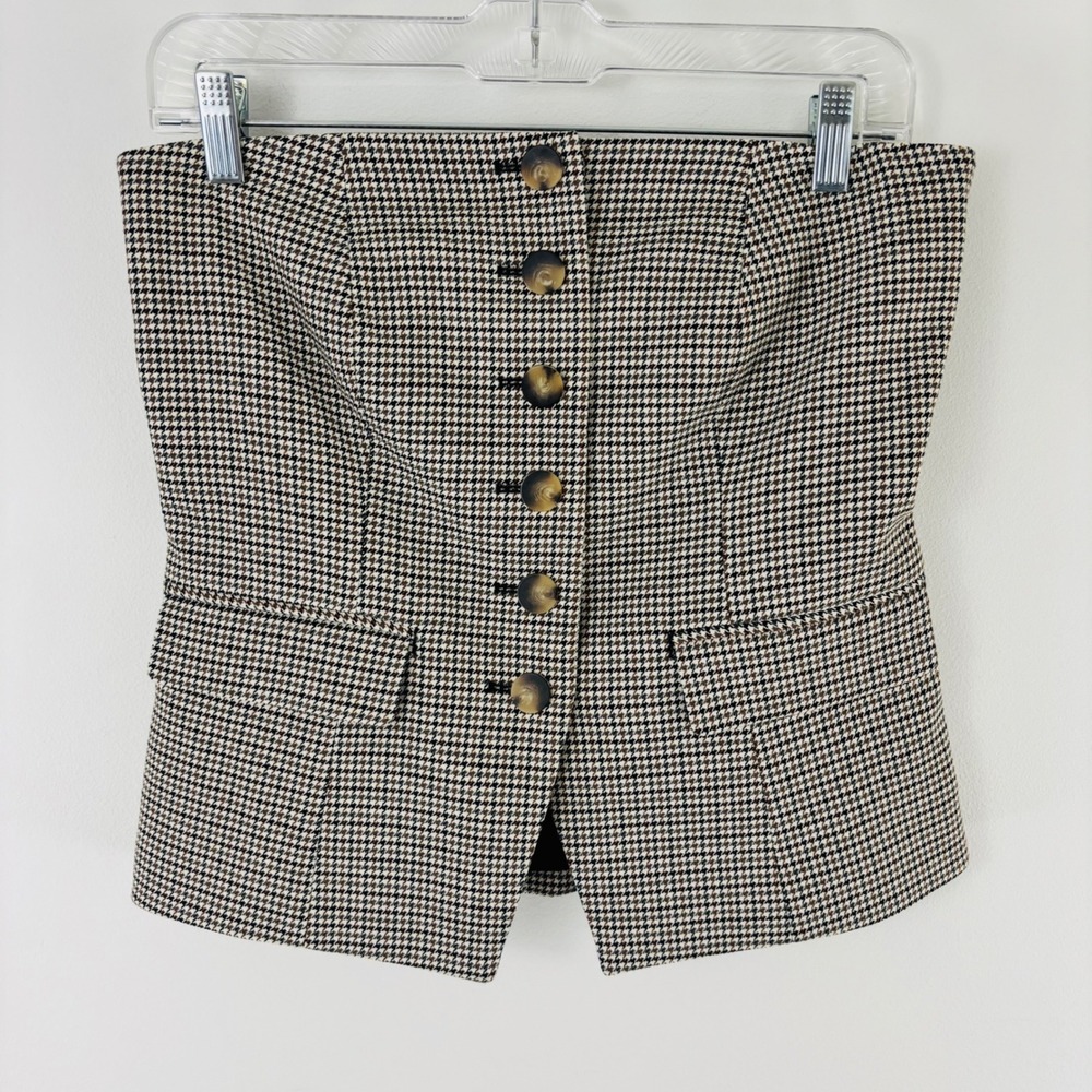 Ann Taylor Houndstooth Strapless Corset Top Brown Black Button Front Size 2 - Picture 2 of 10